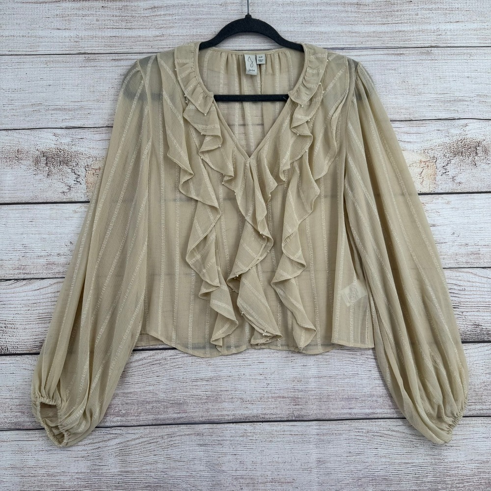 Joie Ruffle Blouse Women S Tan Sheer Striped Beaded V-Neck Balloon Sleeve